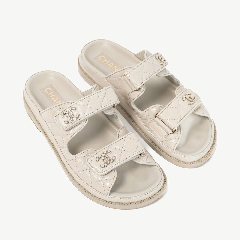 Chanel Light-Grey Lambskin Quilted CC Chain Velcro Dad Sandals
